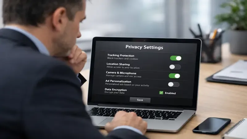 Imprenditore controlla le impostazioni privacy di Claude AI sul proprio computer in ufficio