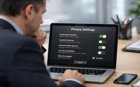 Imprenditore controlla le impostazioni privacy di Claude AI sul proprio computer in ufficio