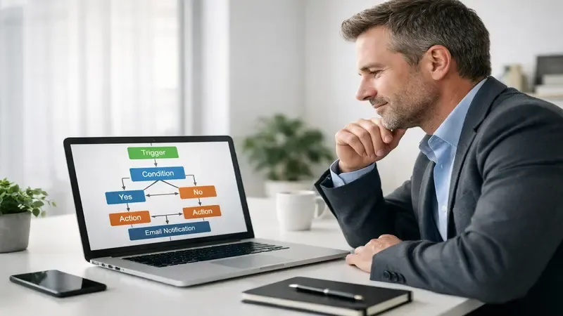 Imprenditore che organizza ruoli aziendali e automazione dei processi per lavorare meglio