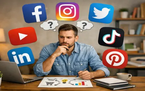 Imprenditore che sceglie tra le icone dei principali social network per la propria strategia di business