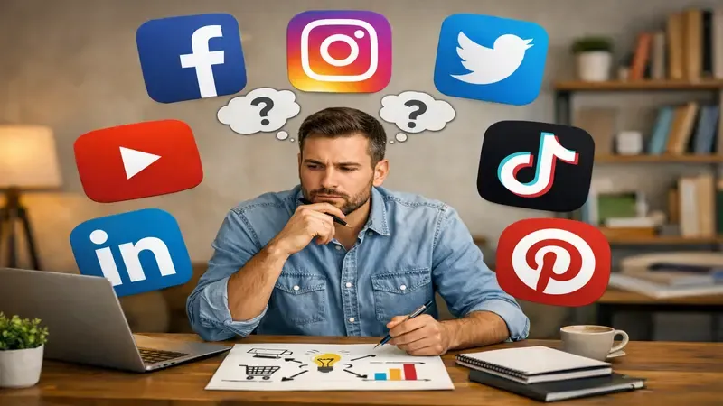 Imprenditore che sceglie tra le icone dei principali social network per la propria strategia di business