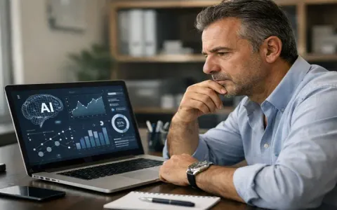 Imprenditore italiano riflette davanti a uno schermo con dati sull'adozione dell'intelligenza artificiale in azienda