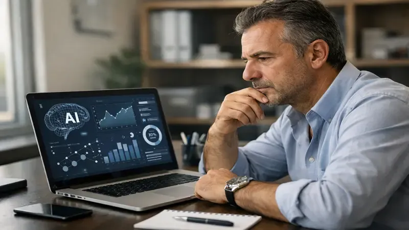 Imprenditore italiano riflette davanti a uno schermo con dati sull'adozione dell'intelligenza artificiale in azienda